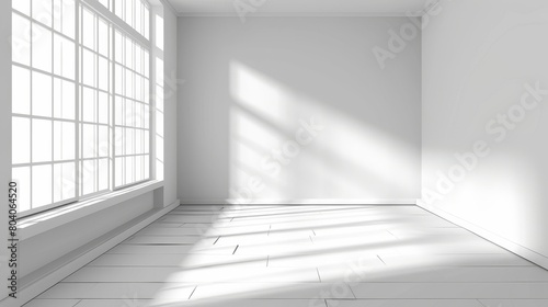 3d scene of a room corner with sun shadow from a window. Empty interior with white walls  floor  and ceiling. 3D rendering of a hall with a sun light shade perspective  Realistic 3D modern