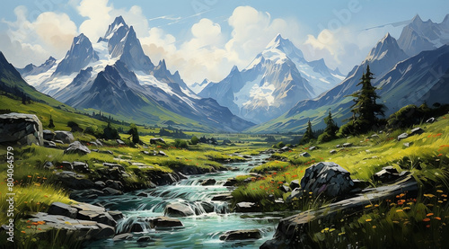 The beauty landscape of the nature. illustration design mountains and small river on the horizon © khozainuz