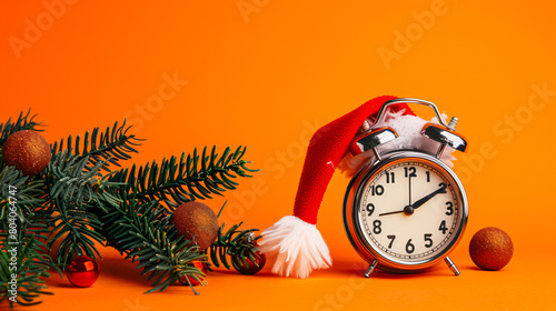 Alarm clock and Santa hat Christmas tree branches with photo