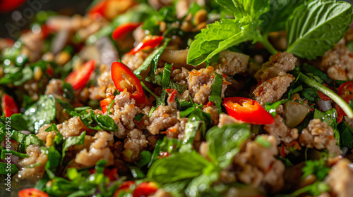 Spicy Thai minced pork salad with fresh herbs, chili, and lime juice, capturing traditional flavors in a beautiful presentation