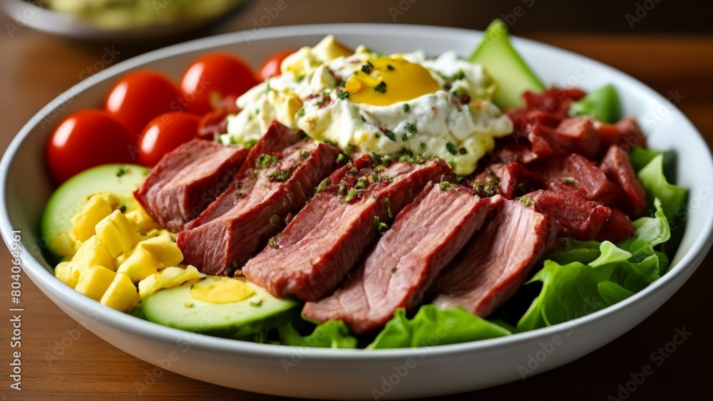 Deliciously balanced meal with fresh greens succulent meat and creamy dressing Deliciously balanced meal with fresh greens succulent meat and creamy dressing