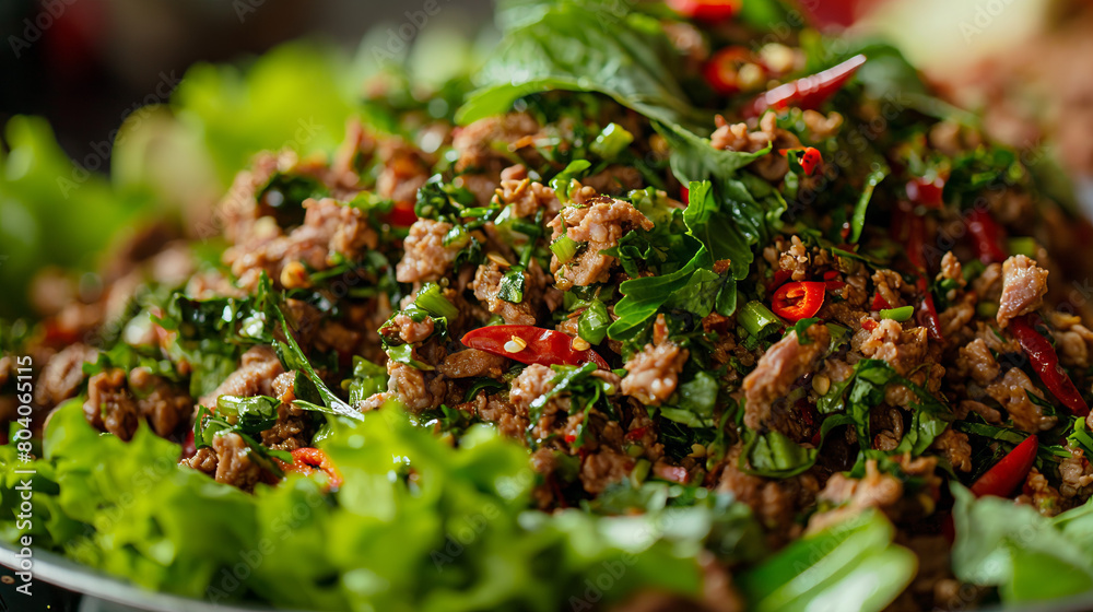 Authentic larb gai, a spicy Thai minced chicken salad with a mix of