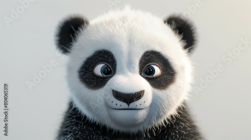 A charming, animated baby panda with expressive eyes and fluffy black and white fur, on a white background.