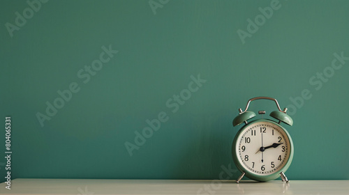 Alarm clock on table near green wall closeup