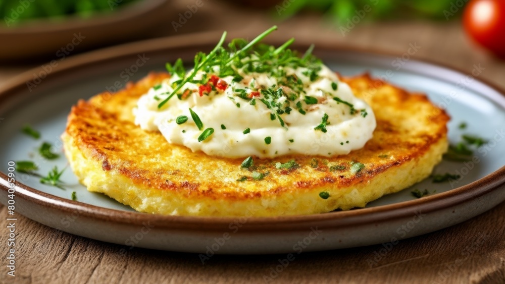 Deliciously seasoned fried egg on a goldenbrown pancake Deliciously seasoned fried egg on a goldenbrown pancake
