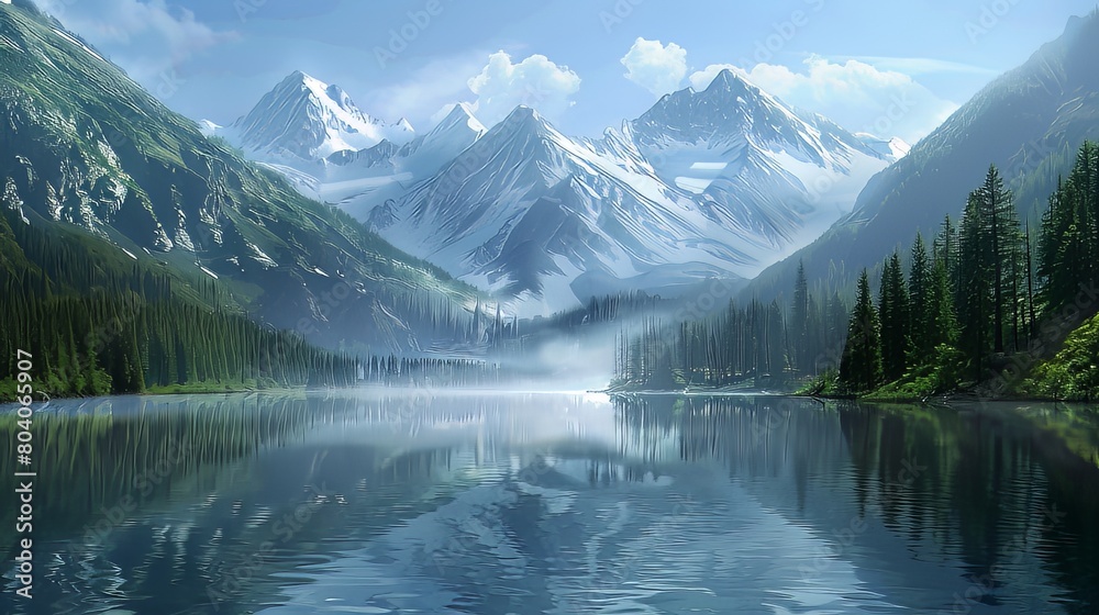 Mountain Lake: Nestled between towering mountains, a serene lake reflects the surrounding peaks, its still waters disturbed only by the occasional ripple from a passing breeze Mountain Lake: Nestled between towering mountains, a serene lake reflects the surrounding peaks, its still waters disturbed only by the occasional ripple from a passing breeze