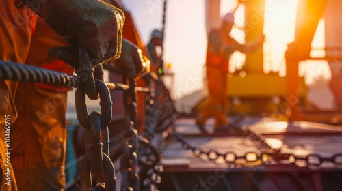 A close-up of workers securing cargo on a container ship, with ropes and chains crisscrossing the deck as they prepare for departure photo