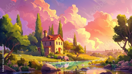 Village scene with country cottage and farmland on river banks, pink sky with clouds, golden light. Modern background illustration. Country cottage and farmland on river banks, cartoon landscape at
