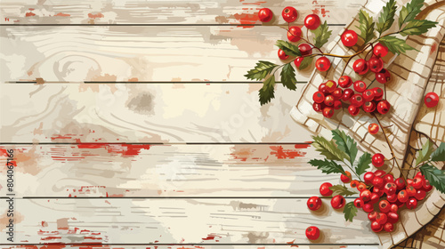 Ripe rowan berries and napkin on light wooden background