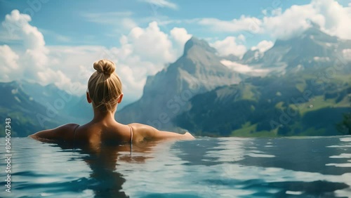A woman relaxing in an infinity pool overlooking the Swiss Alps. photo