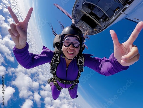 Woman skydiver in freefall expressing joy against clear sky.