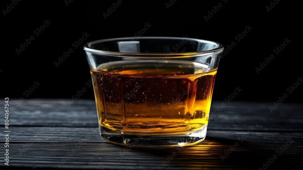  Amber liquid in glass on dark table