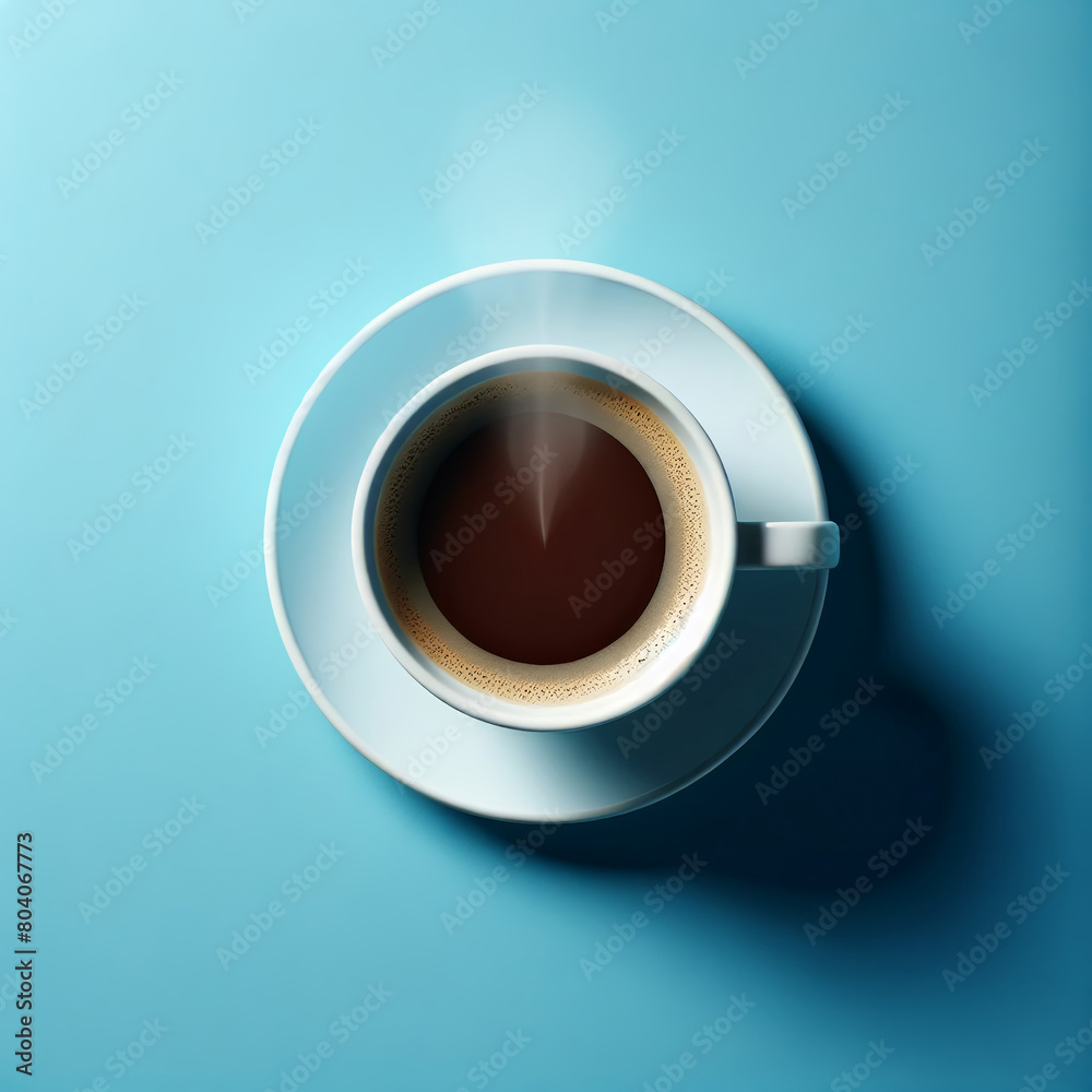White Cup with Hot Coffee on Blue Background, Top View White Cup with Hot Coffee on Blue Background, Top View