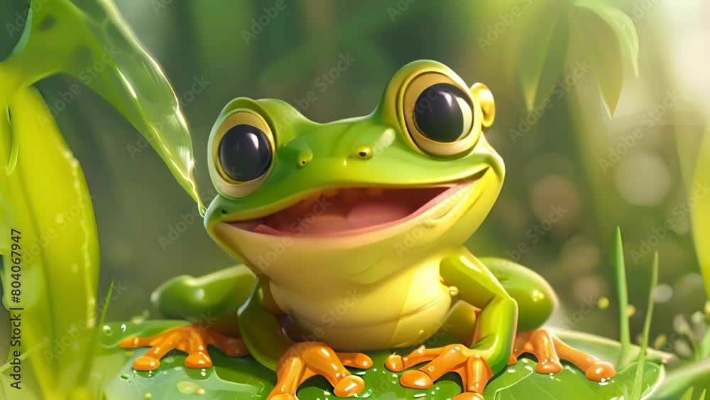 Joyful cartoon frog sitting on a leaf in a sunny forest Joyful cartoon frog sitting on a leaf in a sunny forest