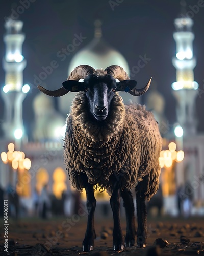 A realistic photo of a black nose sheep standing in front of mosque at night