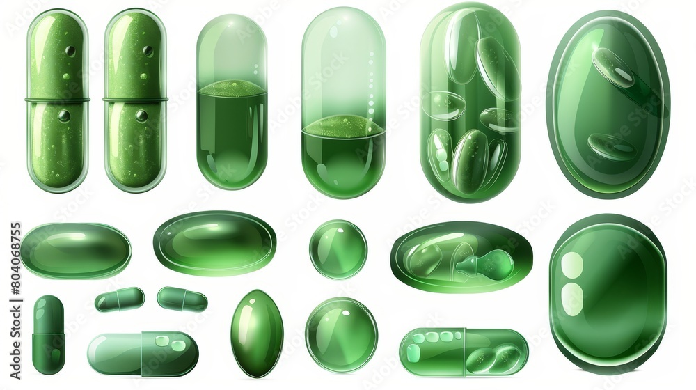 Food supplements, medications, and capsules with oil or gel, green clear capsules in different shapes, modern realistic set, isolated on transparent background.