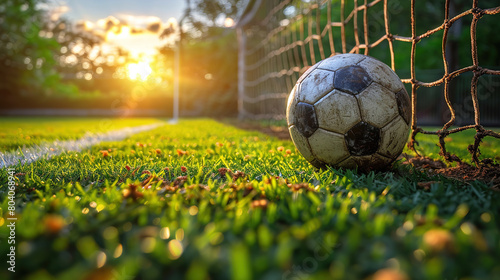 Net Triumph Textured Soccer Game Field with a Ball in Front of the Soccer Goal