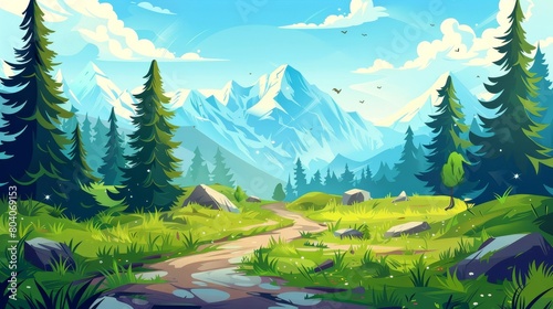 A cartoon mountain landscape with pine forest and a footpath. Modern illustration of majestic peaks  green grass  tall trees  stones on the ground. Summer outdoor scenery for hiking and recreation.