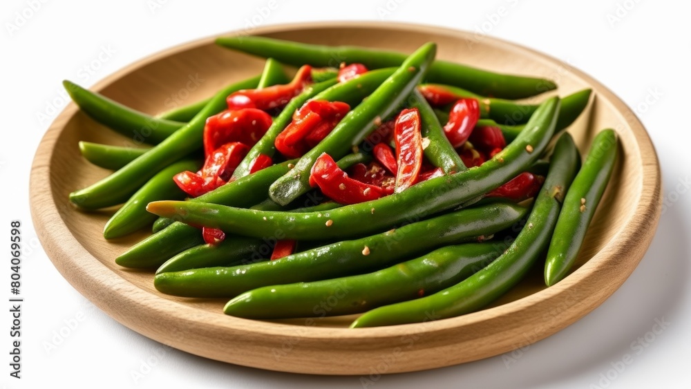 Freshly cooked green beans and red peppers ready to serve Freshly cooked green beans and red peppers ready to serve