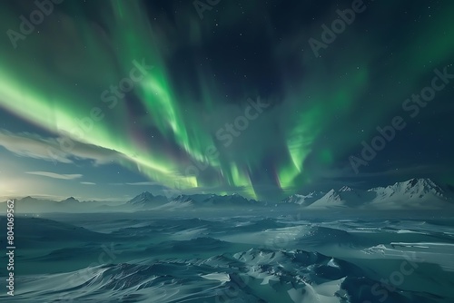 Aurora borealis dancing over a snowy tundra at midnight. © crescent