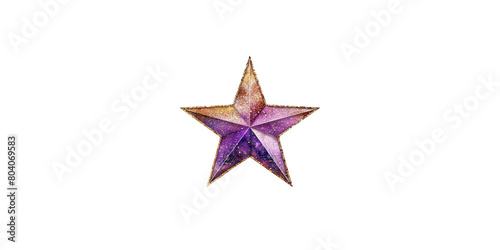 A purple and gold star with glitter on a white background