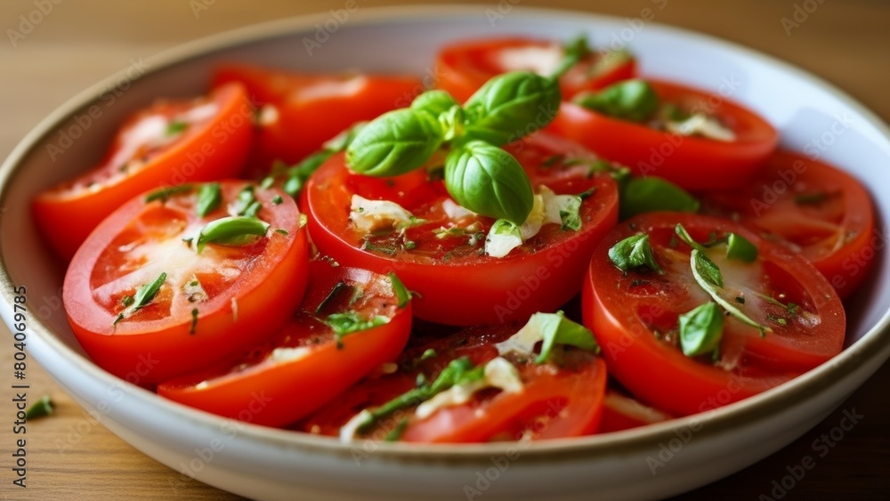  Freshly sliced tomatoes with basil ready to be savored