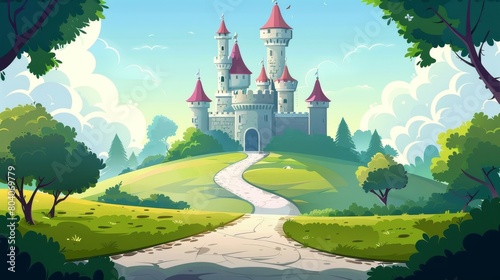 Animated medieval castle background with fairytale castle and a princess palace in the distance. Path to the chateau with gate and towers in the green valley.