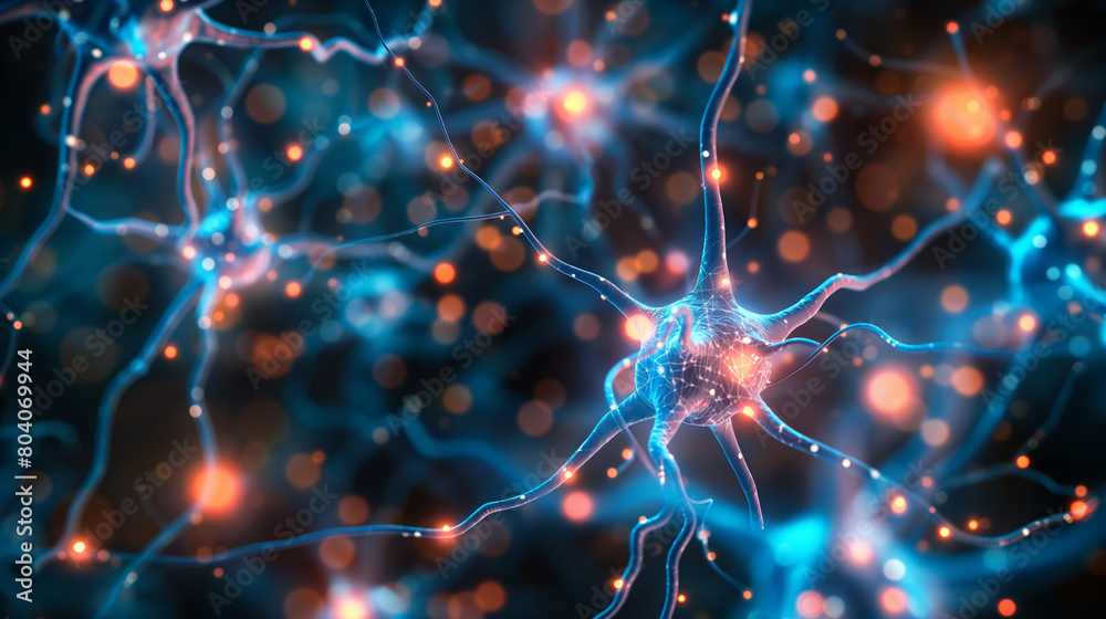 Computer-generated image of neural network connections with glowing nodes and blue tones representing brain activity Computer-generated image of neural network connections with glowing nodes and blue tones representing brain activity