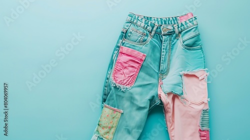 thrifted blue jeans with patchwork details on a pastel blue background photo