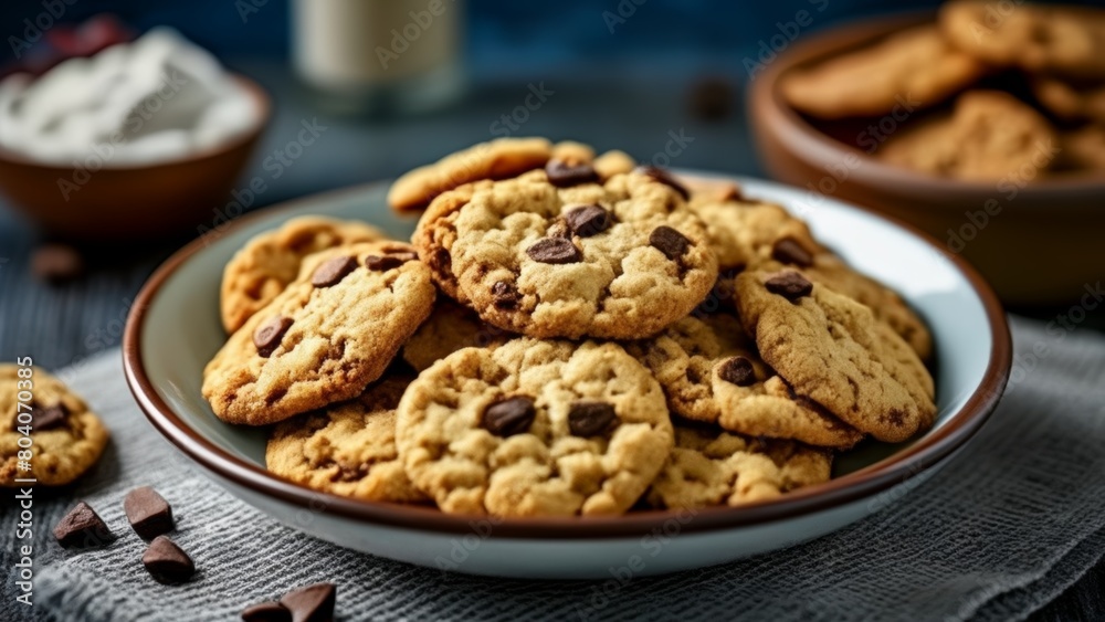 Deliciously tempting chocolate chip cookies ready to be savored Deliciously tempting chocolate chip cookies ready to be savored