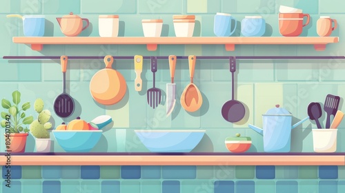 Cooking kitchenware cartoon decoration with tile wall. Tableware with hanging knife. Saucepan and cutlery on shelves. photo