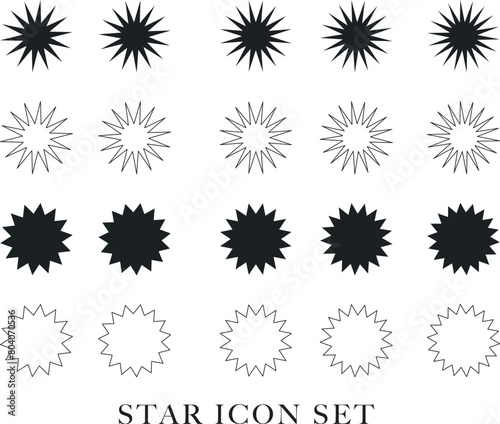 Retro star collection, stroke fill icon set. Abstract modern Y2k Collection of star shapes. Abstract cool shine 70s 80s 90s Rating, CTA, burst, shine, hexagon, polygon shapes science poster banner lot