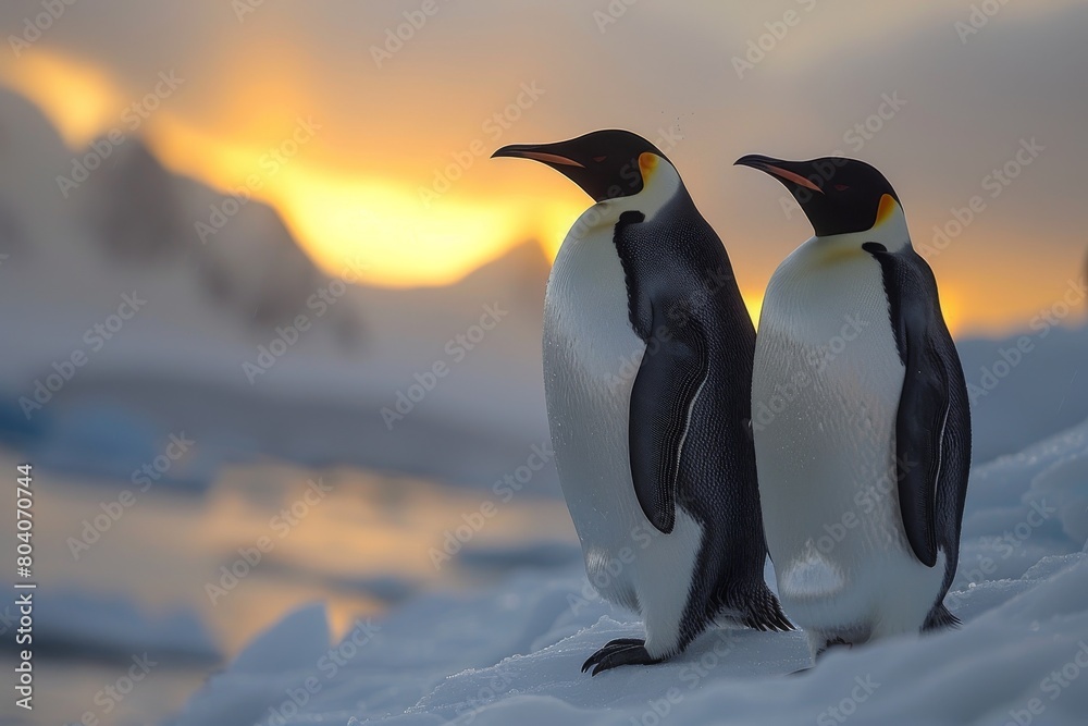 Fototapeta premium Two Emperor Penguins are seen in their natural icy environment as the sun sets, portraying a serene arctic moment