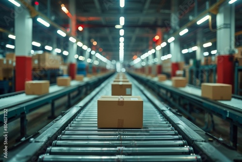 An image capturing a lone box on a conveyor belt in a modern, industrial warehouse with a bokeh effect © Larisa AI