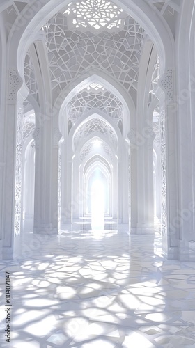 A refined heavenly Islamic architecture scene, intended for a social media profile picture, with a bright white color scheme that signifies divinity.
