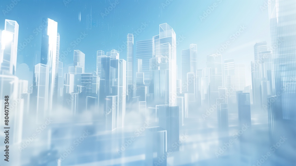 Futuristic cityscape background with glass buildings and skyscrapers blur, using a white and blue color theme, with a minimalist style