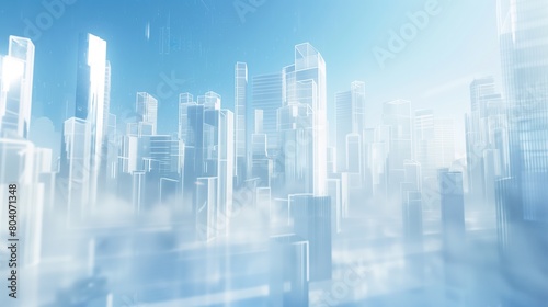 Futuristic cityscape background with glass buildings and skyscrapers blur  using a white and blue color theme  with a minimalist style