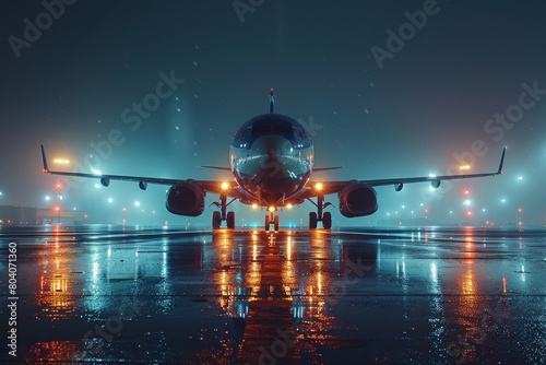 A powerful depiction of a stationary airliner on a reflective tarmac with the stormy night sky in the background