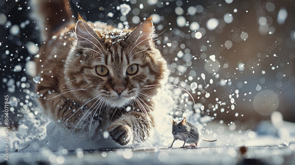 A cat is chasing a mouse in the snow A cat is chasing a mouse in the snow
