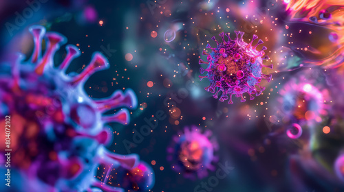 A highly detailed close-up showing the complexity and texture of viral particles in a colorful, artistic interpretation