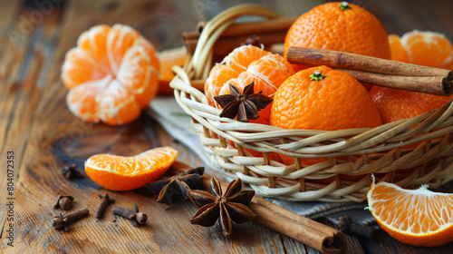 Basket of sweet mandarins with cinnamon and star anise photo