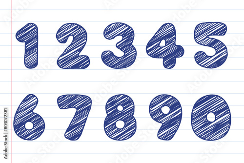 Playful hand-drawn marker scribble sketches of numbers for kids, from zero to nine. Vector illustration. 