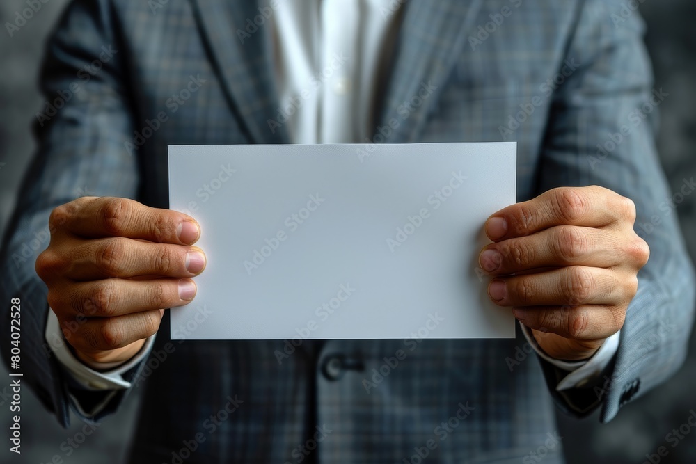 Professional man in a suit holding a blank white card with space for text against a textured background Professional man in a suit holding a blank white card with space for text against a textured background