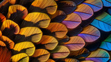 Macro shot highlights the stunning iridescence and patterns of butterfly wing scales in multiple hues