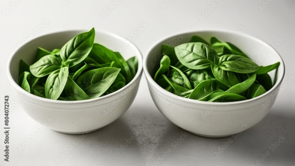 Fresh basil leaves in white bowls Fresh basil leaves in white bowls