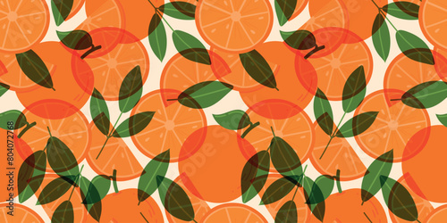 Oranges risoprint seamless pattern. Fresh oranges, leaves and seeds for fabric, drawing labels, wallpaper, fruit background. Slices of oranges background.
