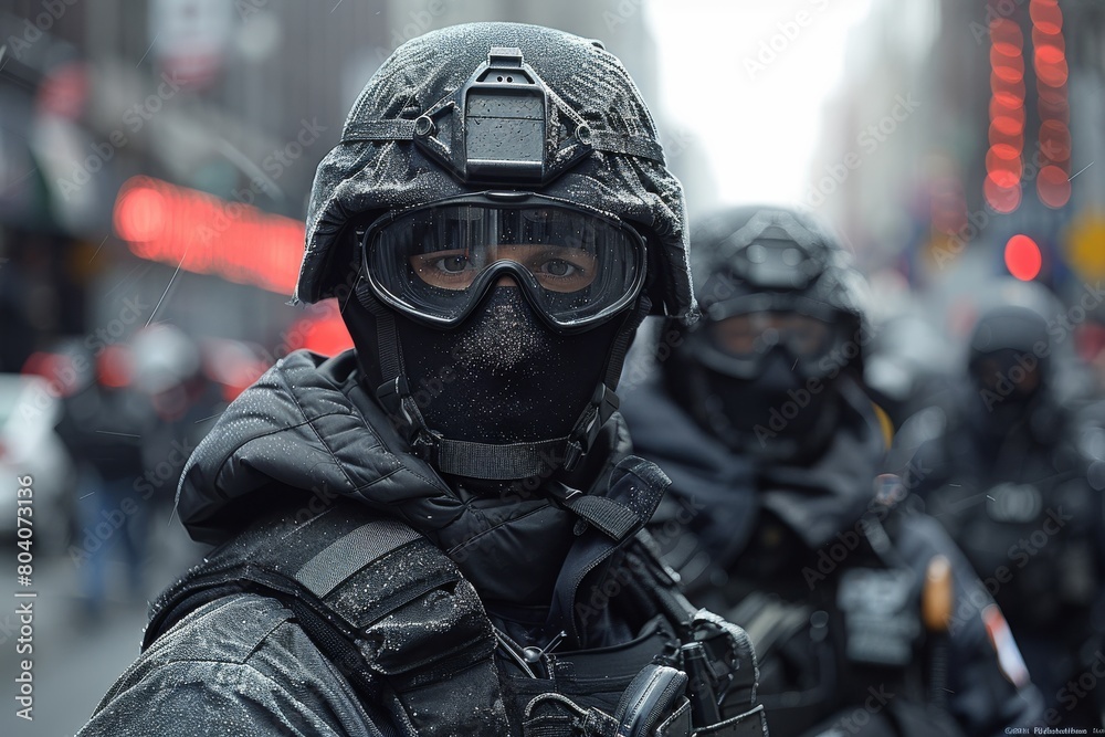 A squad of special forces operatives in tactical gear patrolling a rainy urban street, exuding mystery and readiness A squad of special forces operatives in tactical gear patrolling a rainy urban street, exuding mystery and readiness