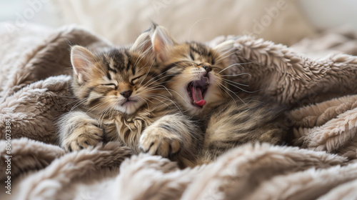 Two kittens are sleeping on a blanket