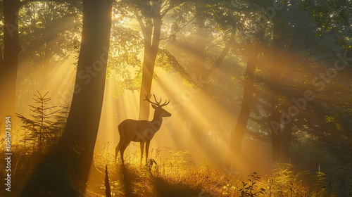 A deer is standing in the woods  with the sun shining on it