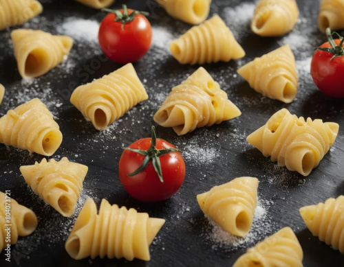 La pasta, avvolta nella sua salsa fragrante, si presenta come un capolavoro della cucina italiana. photo